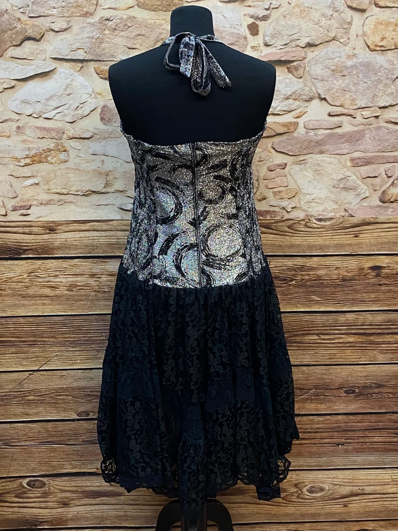 Vintage Cocktailkleid silber schwarz Lurex Spitze Gr. 40