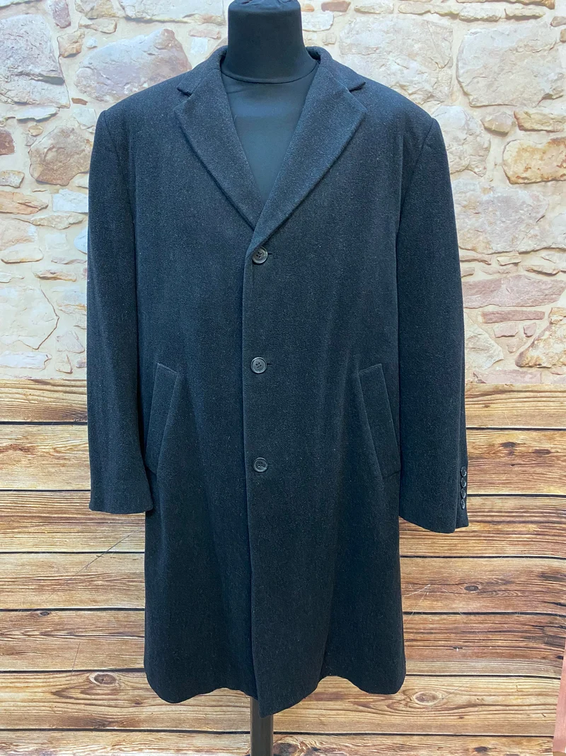 Schwarzer Mantel im britischen 1920er-Jahre-Stil– Knielang, Vintage Gr.54