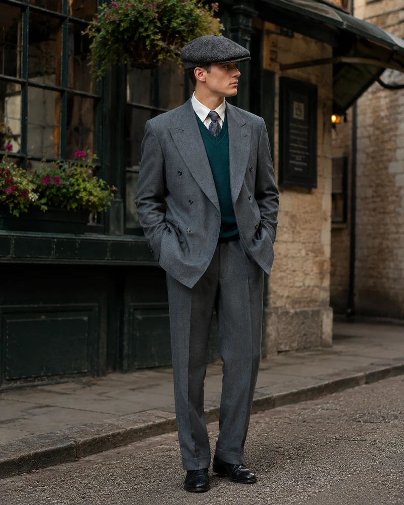 Vintage Doppelreiher-Outfit grau – Größe 54
