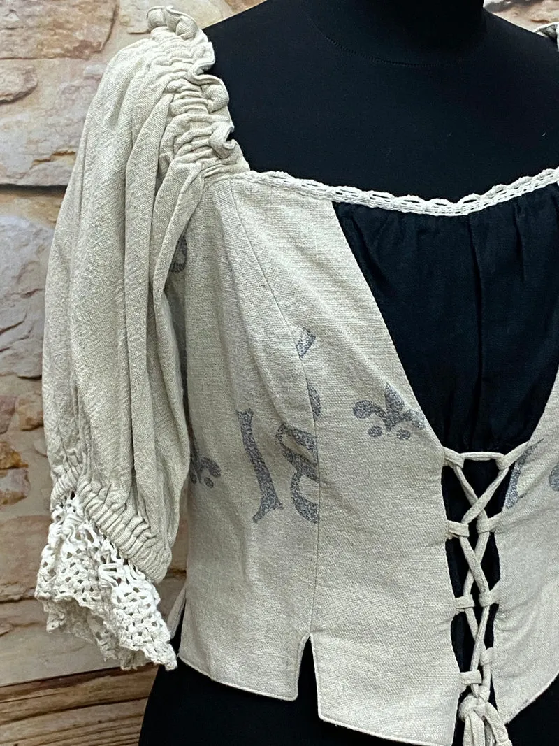Vintage Trachtenmieder Damen Beige Schwarz Leinen Spitze Gr. 44