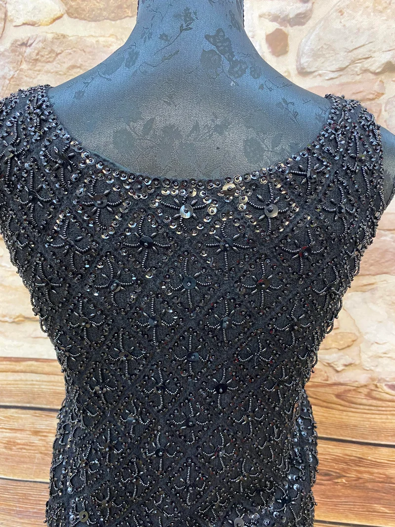 Vintage Pailletten Top Schwarz – Perlenbesetzt & Elegant – Größe 34