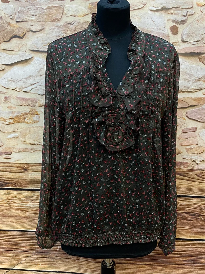 Vintage Rüschenbluse Damen Gr. 42 Blumenmuster Dunkelgrün