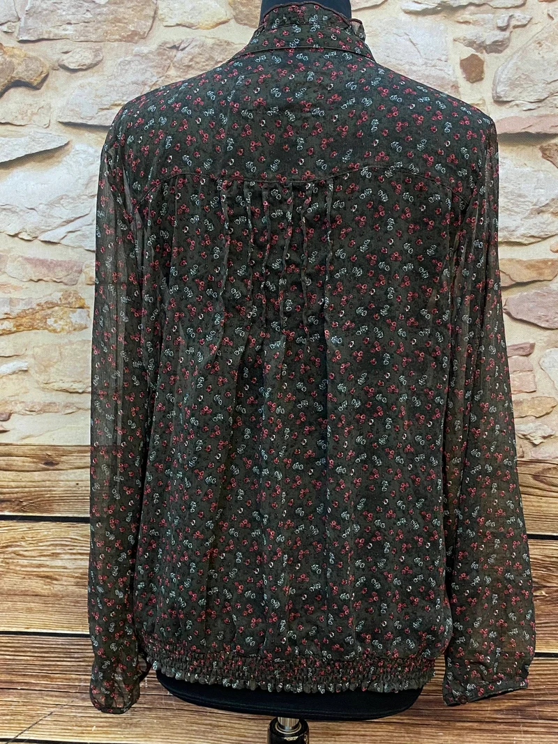 Vintage Rüschenbluse Damen Gr. 42 Blumenmuster Dunkelgrün