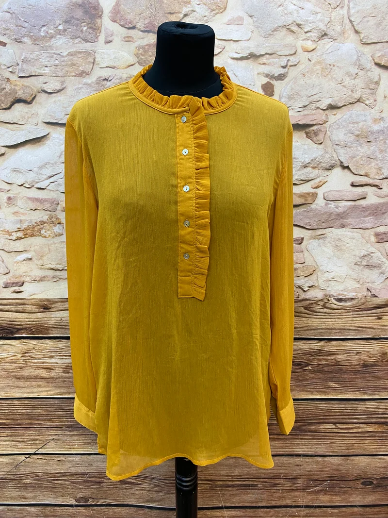 Vintage Schluppenbluse 2000er Sonnengelb mit Rüschenkragen – Größe 42