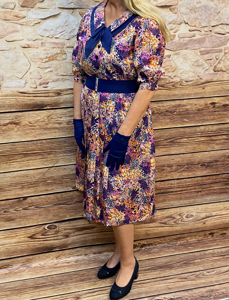 Vintage 1970er Jahre Kleid Gr. 42 mit Hut, Gürtel & Handschuhen