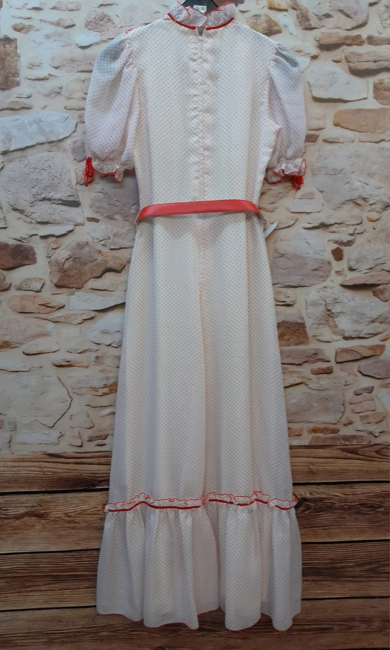 70er Jahre Polka-Dot Vintagekleid Weiß Rot – Rüschenkleid mit Puffärmeln & Maxirock True Vintage