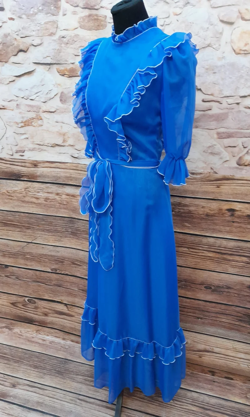Vintage Bühnenkleid Blau – Theaterkostüm 70er Jahre Maxikleid Gr. 34 True Vintage