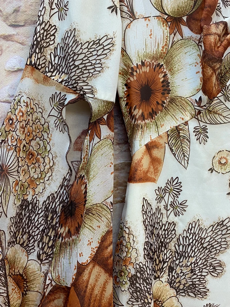 1970er Vintage Maxikleid Damen Braun Blumen Fledermausärmel Gr. 34