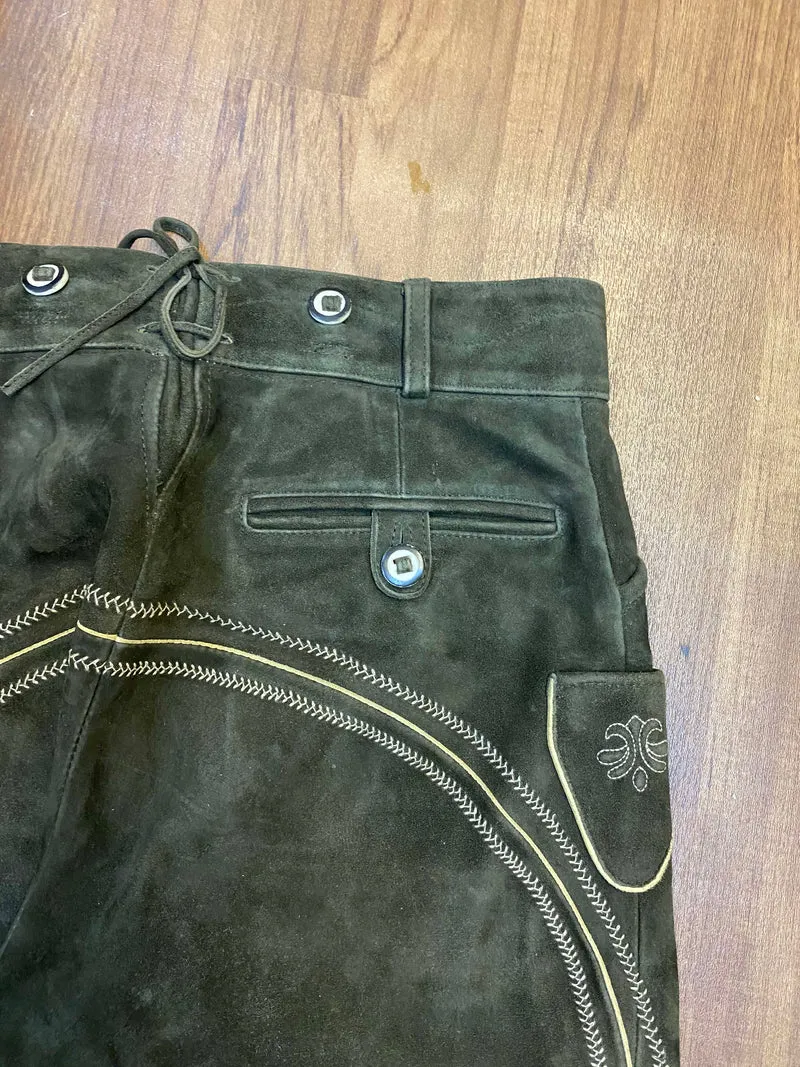 Vintage Lederhose Herren Kniebund Gr. ca. 50 – Distler dunkelbraun Trachtenhose mit Stickerei