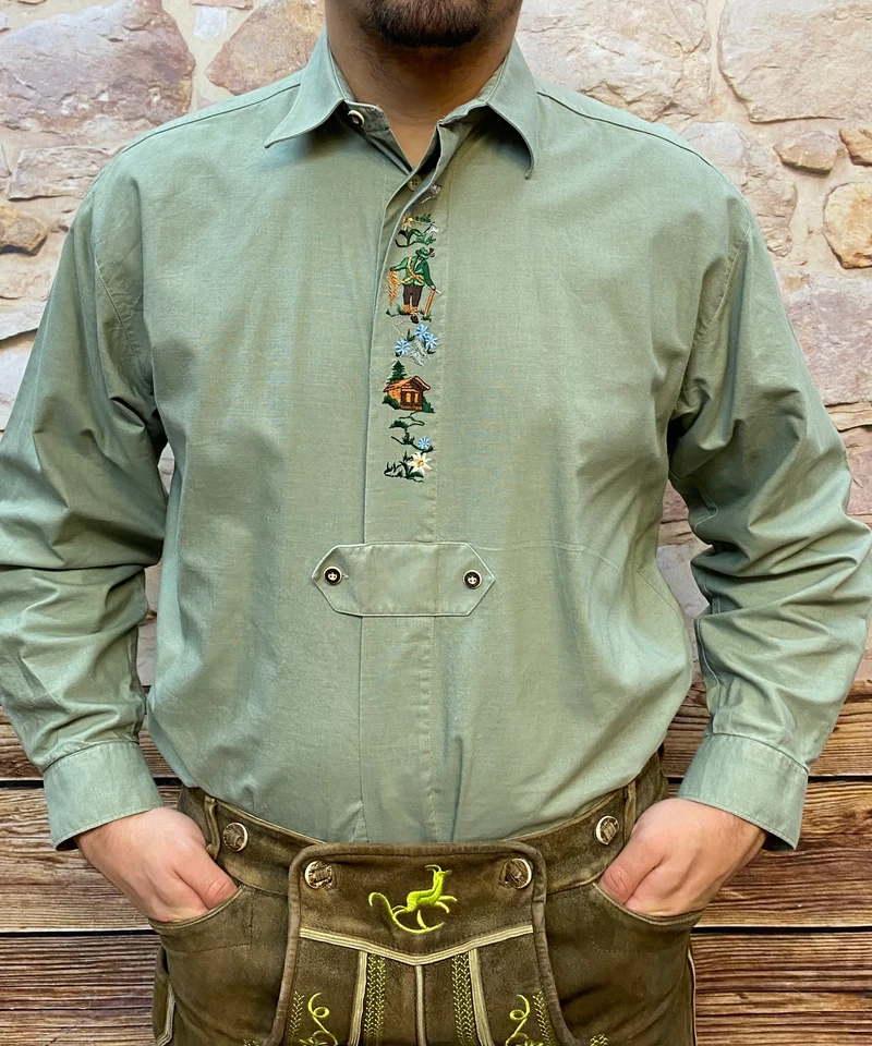 Vintage Trachtenhemd Herren grün Stickerei Größe M