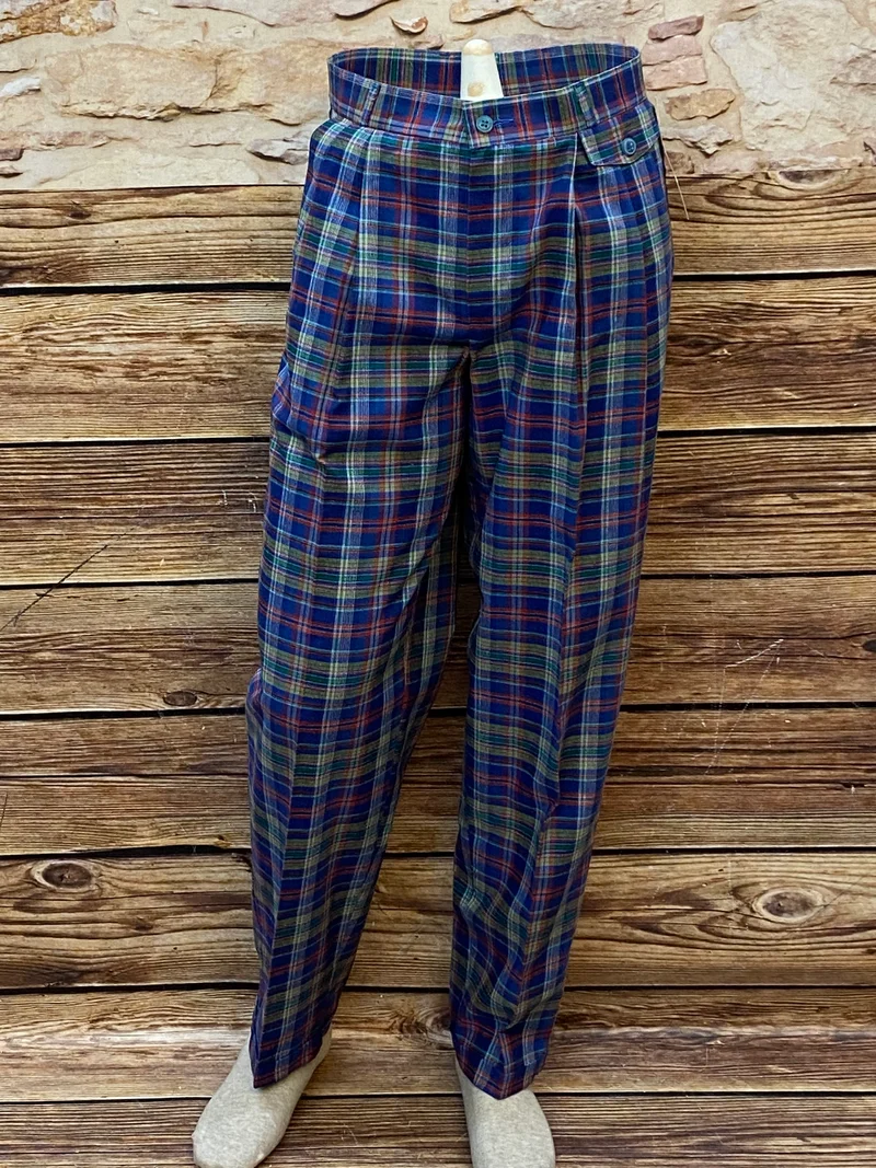 1990er Vintage Herren Bundfaltenhose kariert – High Waist Baumwollhose Gr. 48