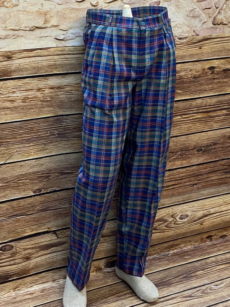 1990er Vintage Herren Bundfaltenhose kariert – High Waist Baumwollhose Gr. 48
