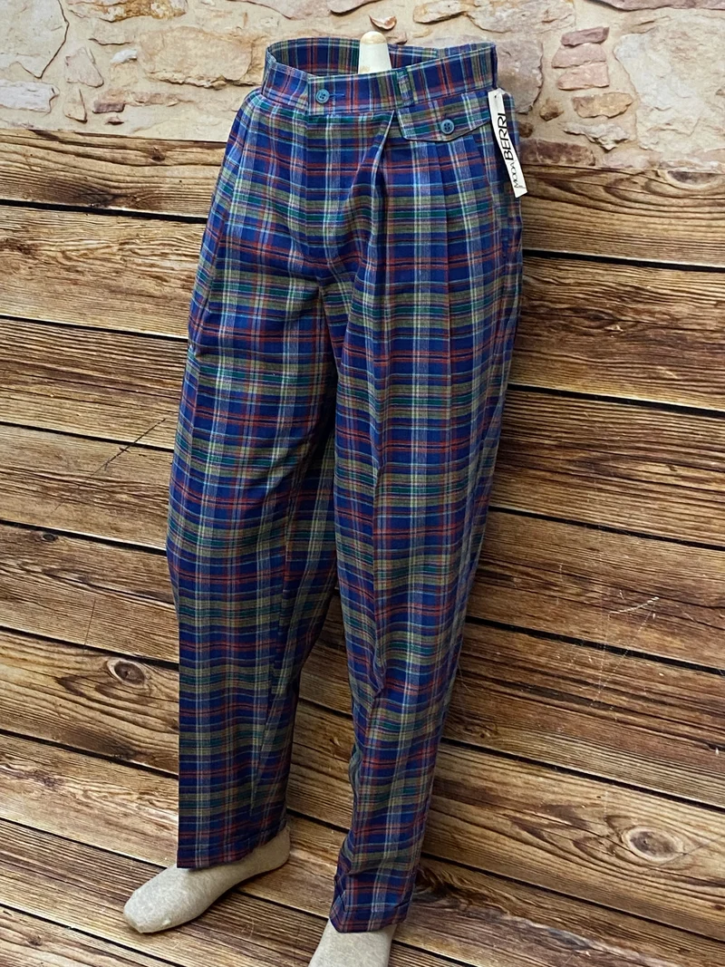 1990er Vintage Herren Bundfaltenhose kariert – High Waist Baumwollhose Gr. 48