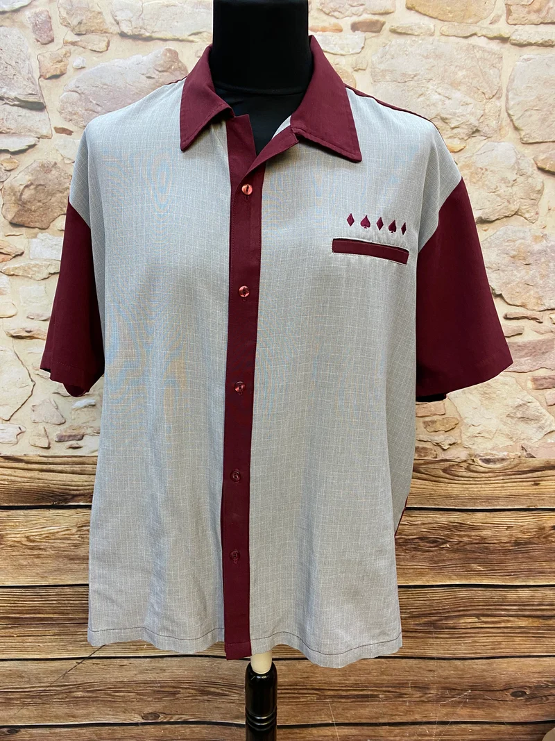 Herren Vintage Steady Last Call Weinrot/Grau Rockabilly Bowling Shirt Gr. XL