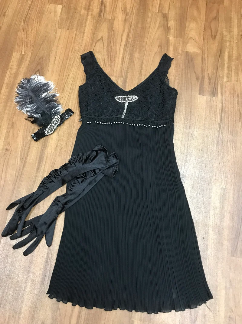 Flapperkleid Schwarz Gr. 34 mit Kopfschmuck