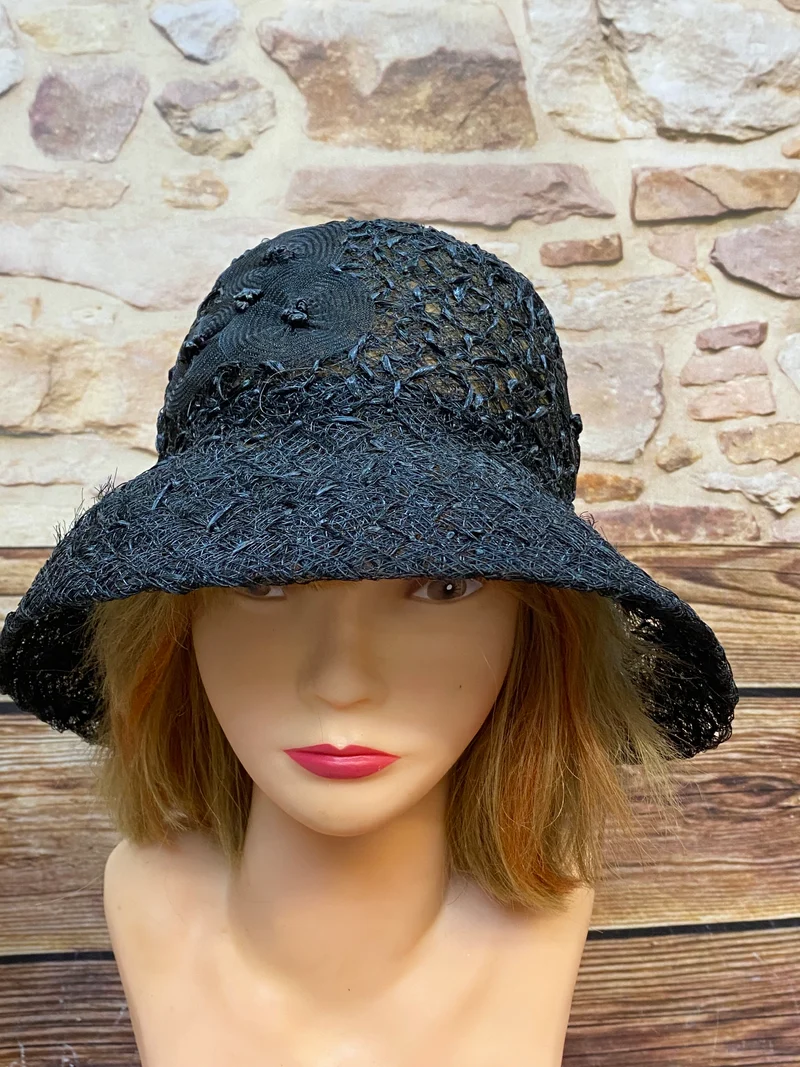 Schwarzer Vintage Hut Cloche Rollrand-Hut 20er Jahre, Gr.57