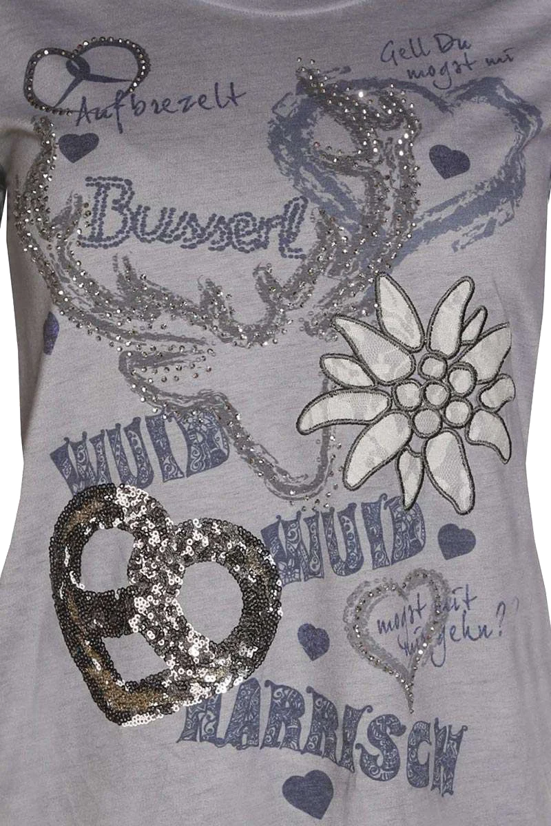 Damen Trachten-Shirt mit 3/4-Arm mit Pailetten-Applikationen