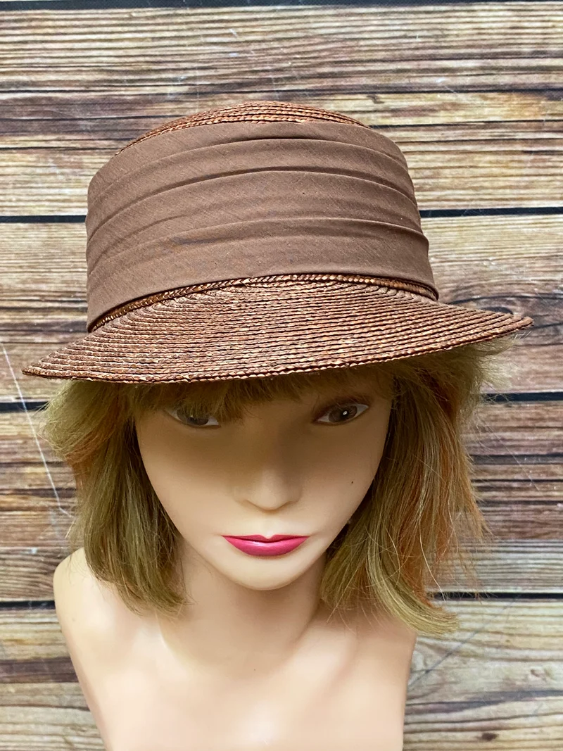 Brauner Vintage Strohut für Damen mit großem Schirm, Gr.57