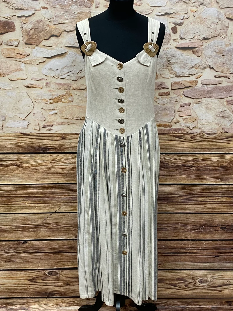 Vintage Trachtenkleid Leinen Natur Gestreift Gr. 38 – langes Landhauskleid