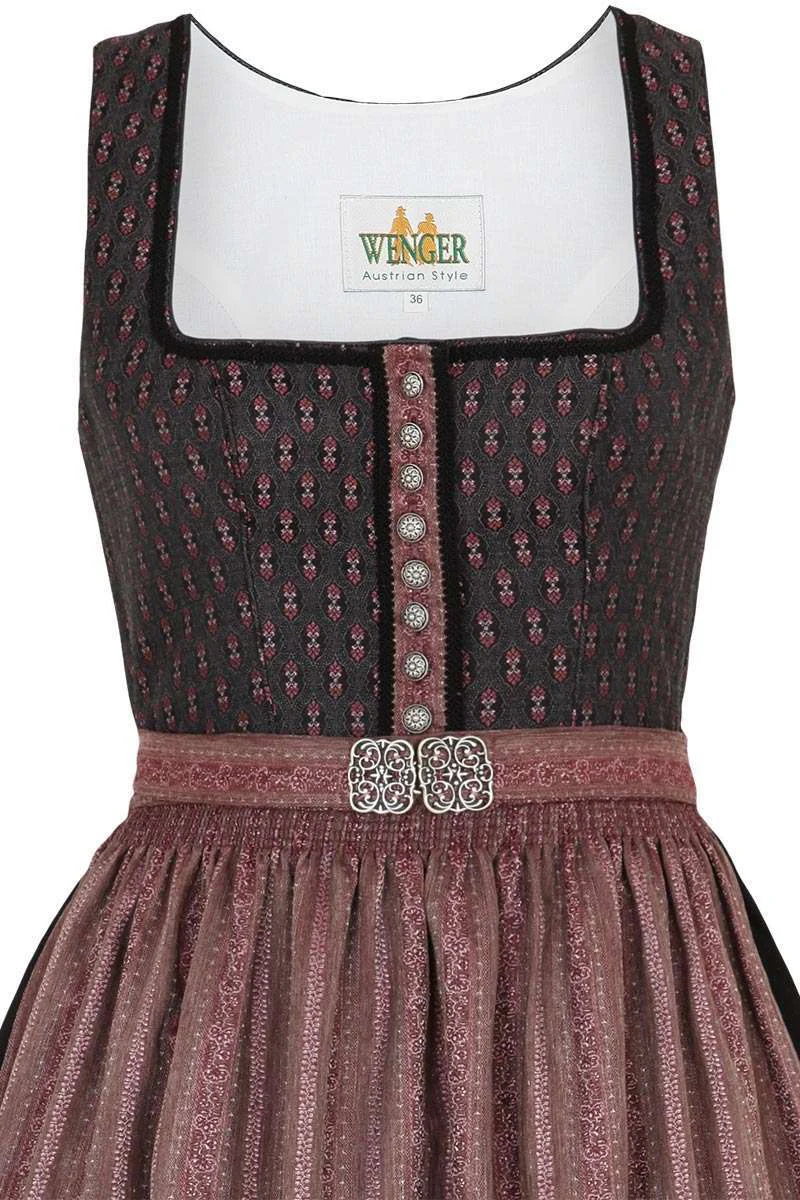 Midi-Dirndl grau mit rosa Broschen-Schürze