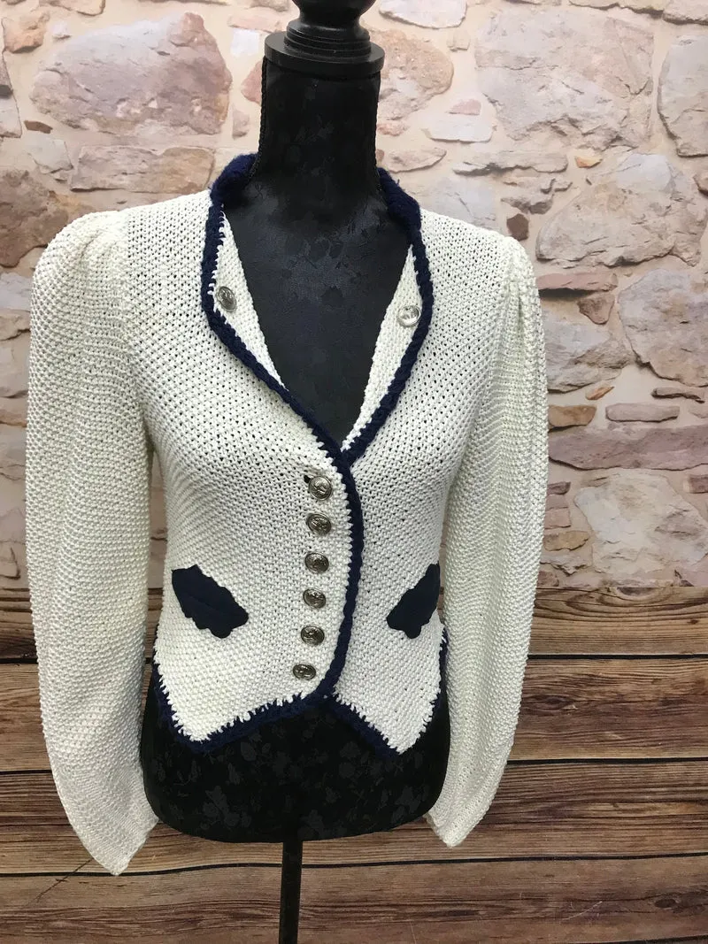 Trachten Strickjacke Damen Größe 38 – offwhite/dunkelblau, Schurwolle