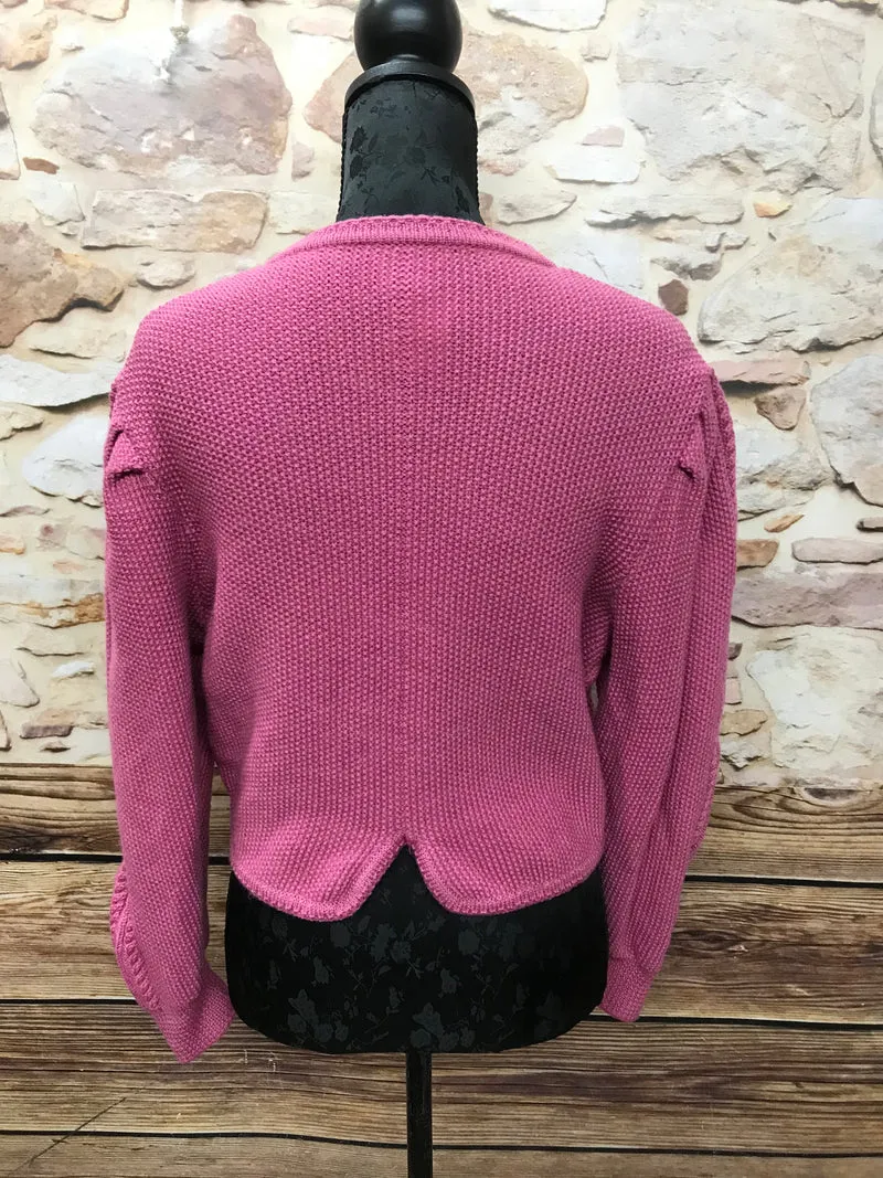 Vintage Trachten Strickjacke Damen Rosé aus Schurwolle – Größe 38
