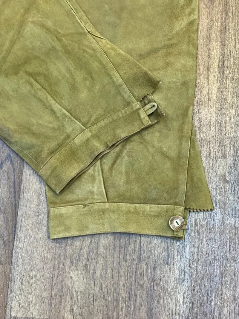 Vintage Trachten Lederhose Herren lang Echtleder Braun/Olive Gr. 52