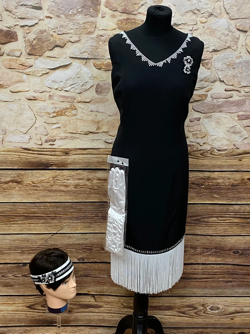 Schwarzes Charlestonkleid Gr. 46 mit Handschuhen