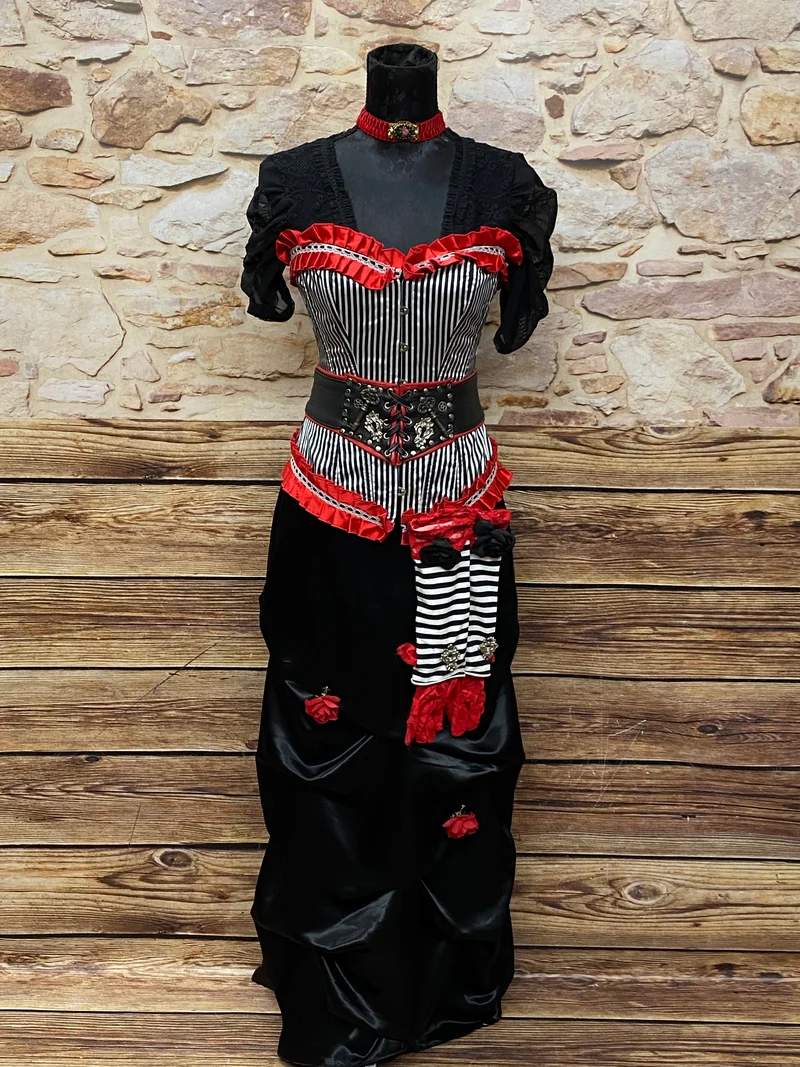 Steampunk Damen Outfit Gr. 34 – Schwarz-Rot mit Corsage & Rock