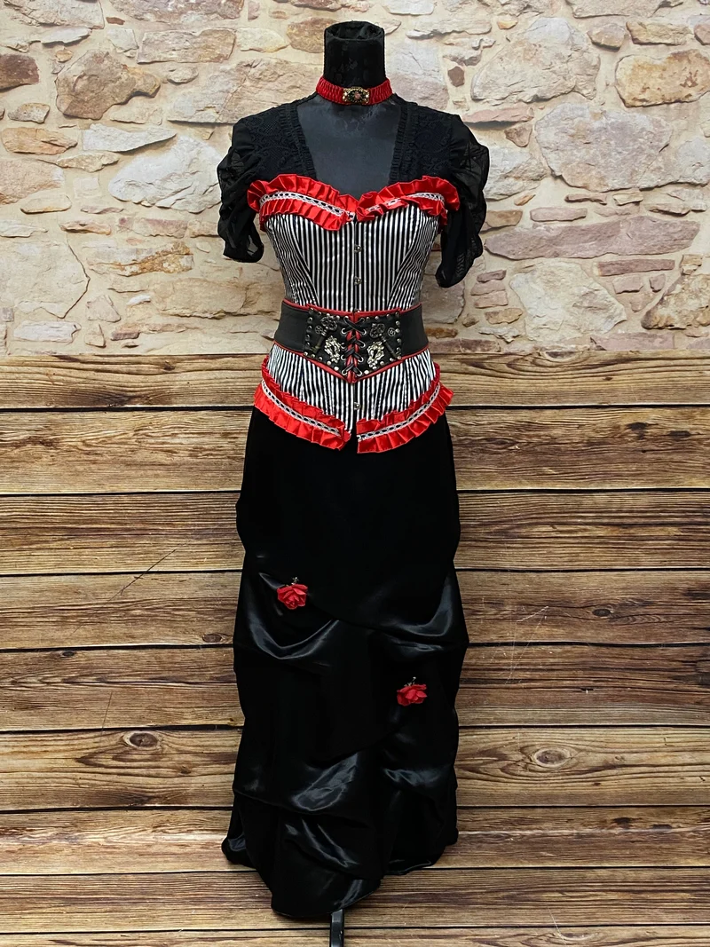 Steampunk Damen Outfit Gr. 34 – Schwarz-Rot mit Corsage & Rock