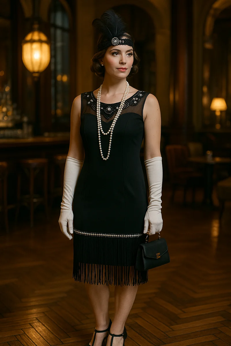 Schwarzes Fransenkleid Gr. 34 im 20er Jahre Stil