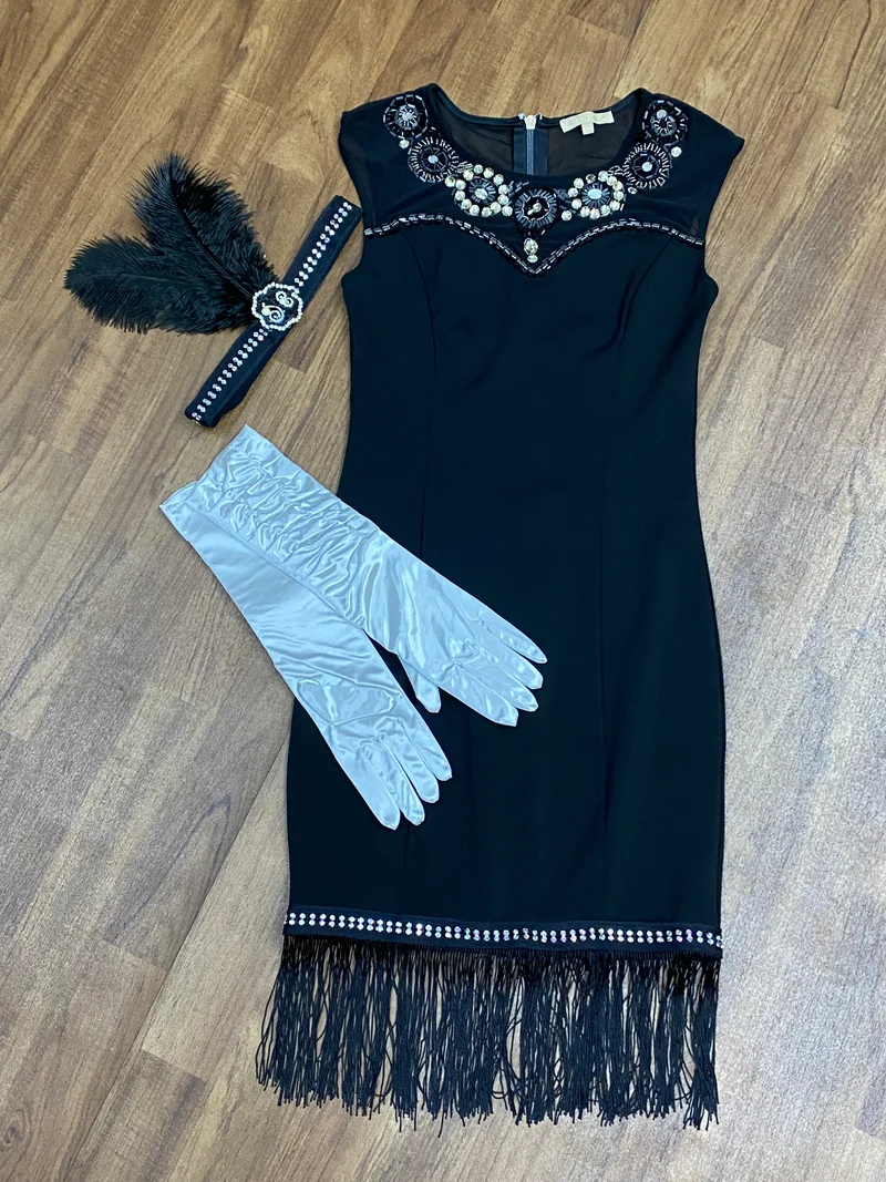 Schwarzes Fransenkleid Gr. 34 im 20er Jahre Stil