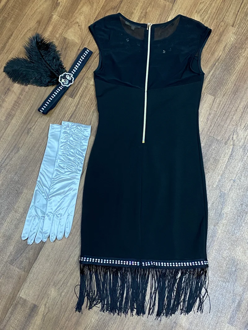 Schwarzes Fransenkleid Gr. 34 im 20er Jahre Stil