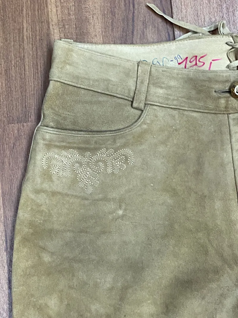 Vintage Kniebundlederhose Herren Stockerpoint Größe 46 Beige Echtleder bestickt