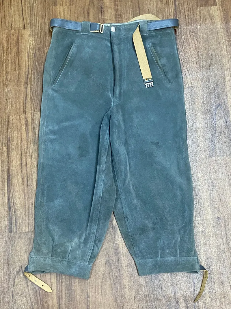 Vintage Kniebundlederhose Herren Größe 44 Graugrün Echtleder mit Gürtel