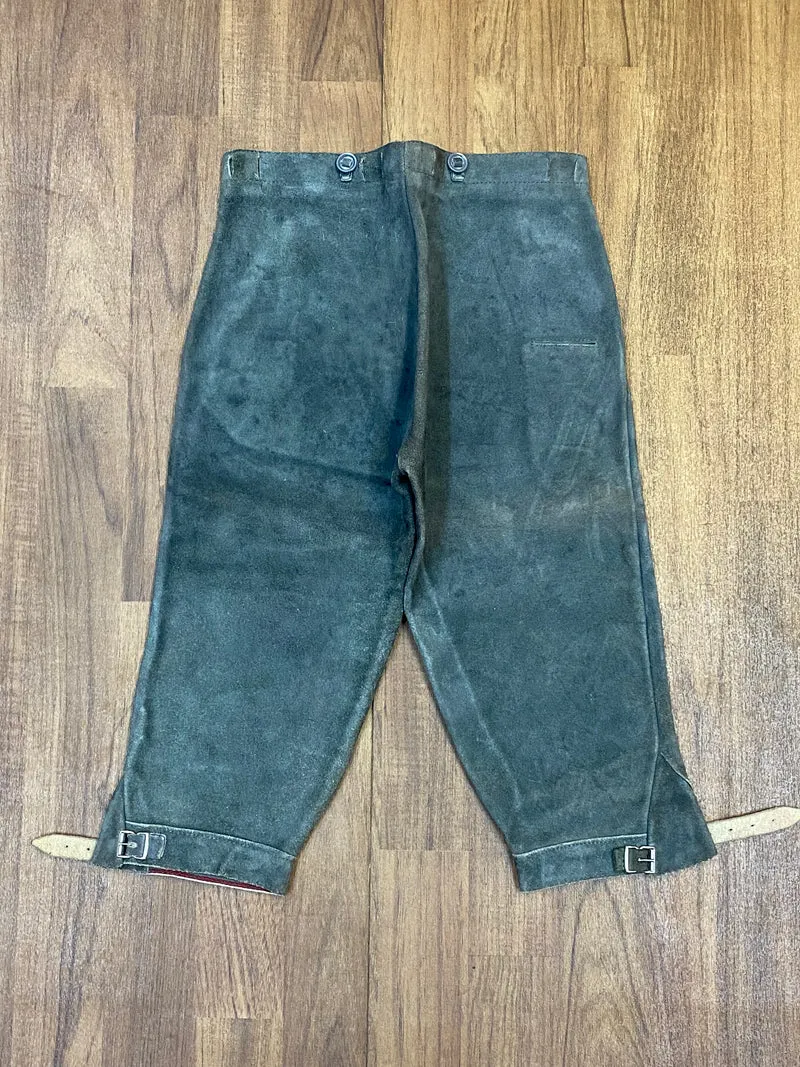 Vintage Kniebundlederhose Herren Grau Echtleder Trachtenhose kleine Größe ca. 44
