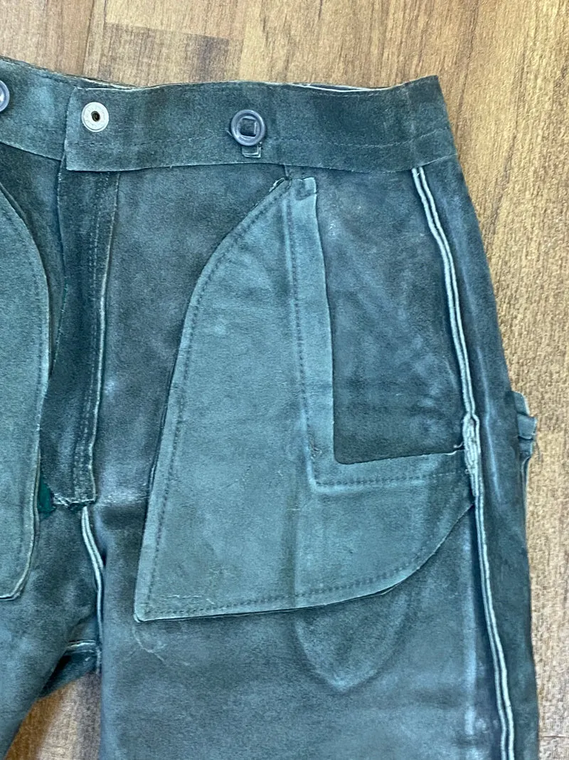 Vintage Kniebundlederhose Herren Grau Echtleder Trachtenhose kleine Größe ca. 44