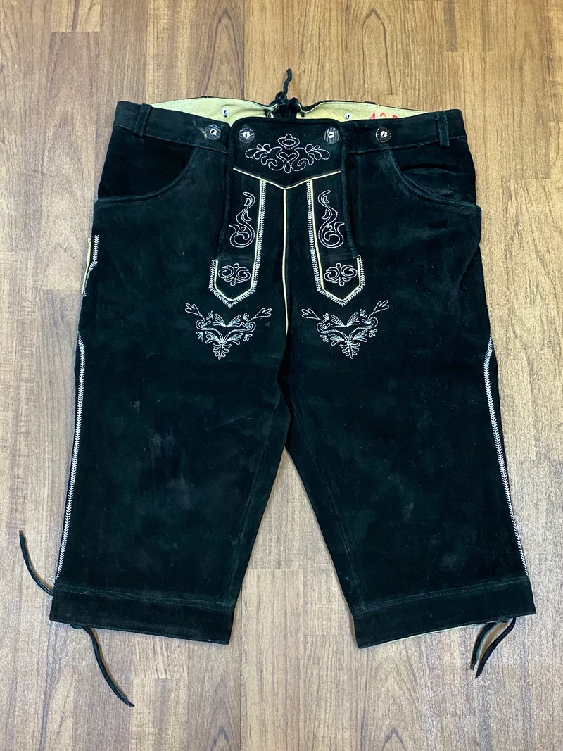 Vintage Kniebundlederhose Herren Schwarz Achim Klein Größe 56 Echtleder bestickt