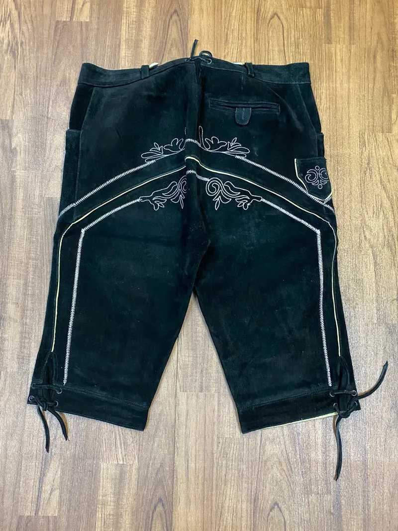 Vintage Kniebundlederhose Herren Schwarz Achim Klein Größe 56 Echtleder bestickt