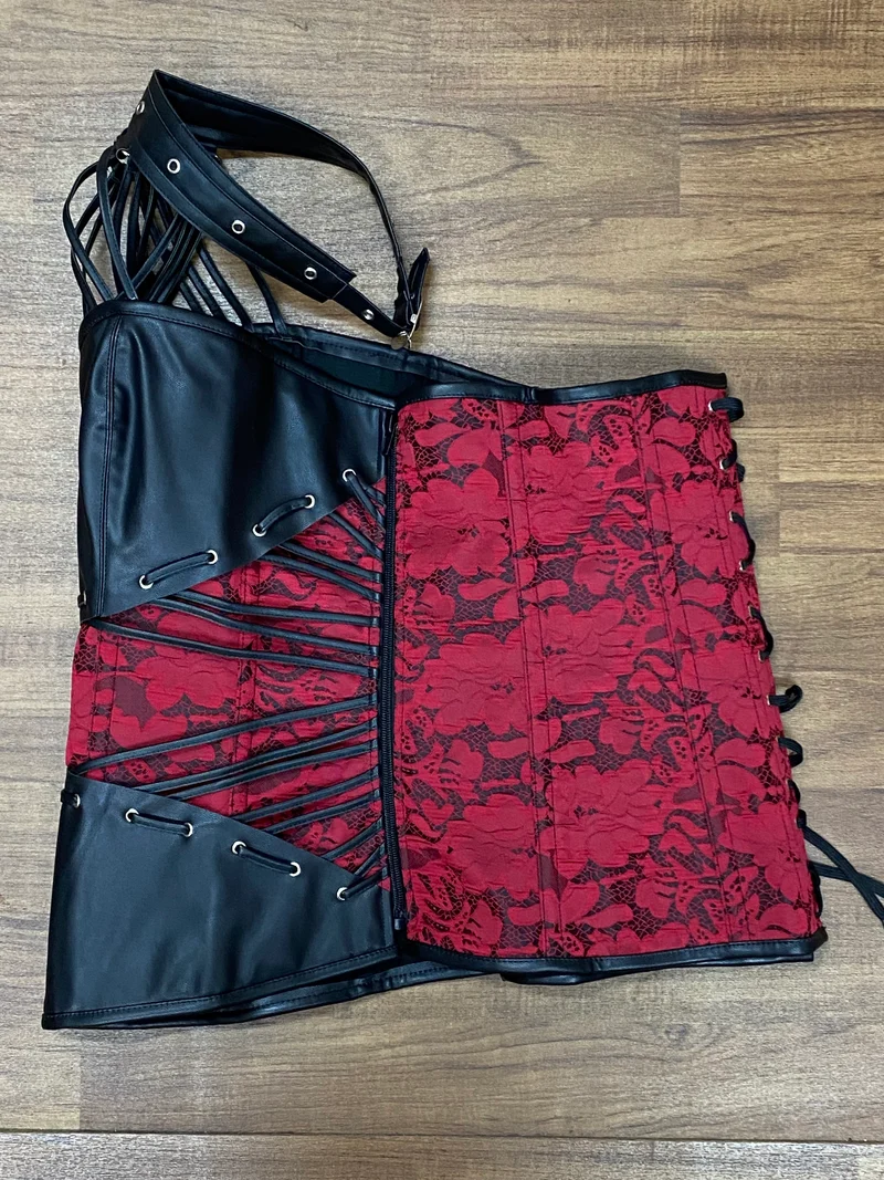 Steampunk Ledercorsage Schwarz-Rot Gr. XXXL