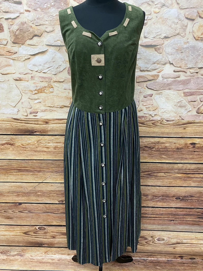 Vintage Trachtenkleid Damen Gr. 44 Dunkelgrün Gestreift – Folk Linie