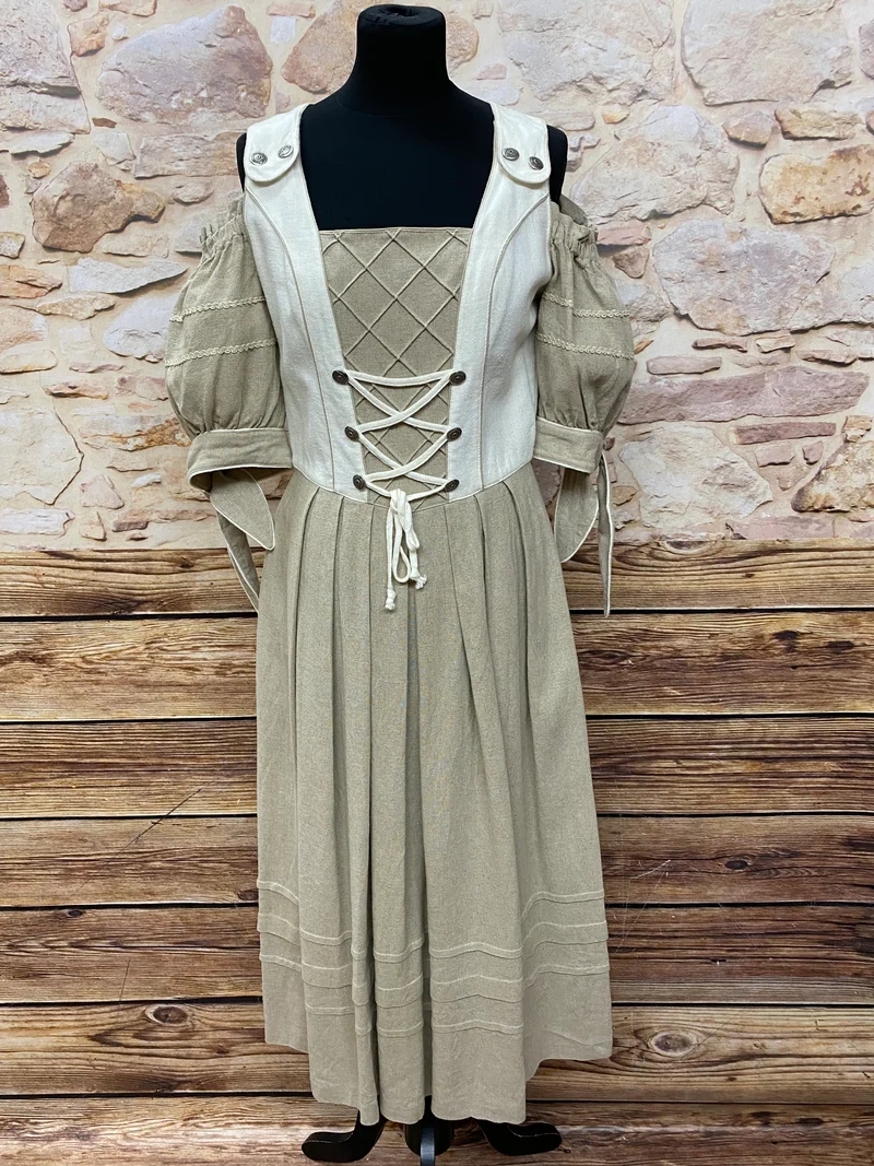 Vintage Landhauskleid lang Natur Beige Gr. 36 – Leinenmix