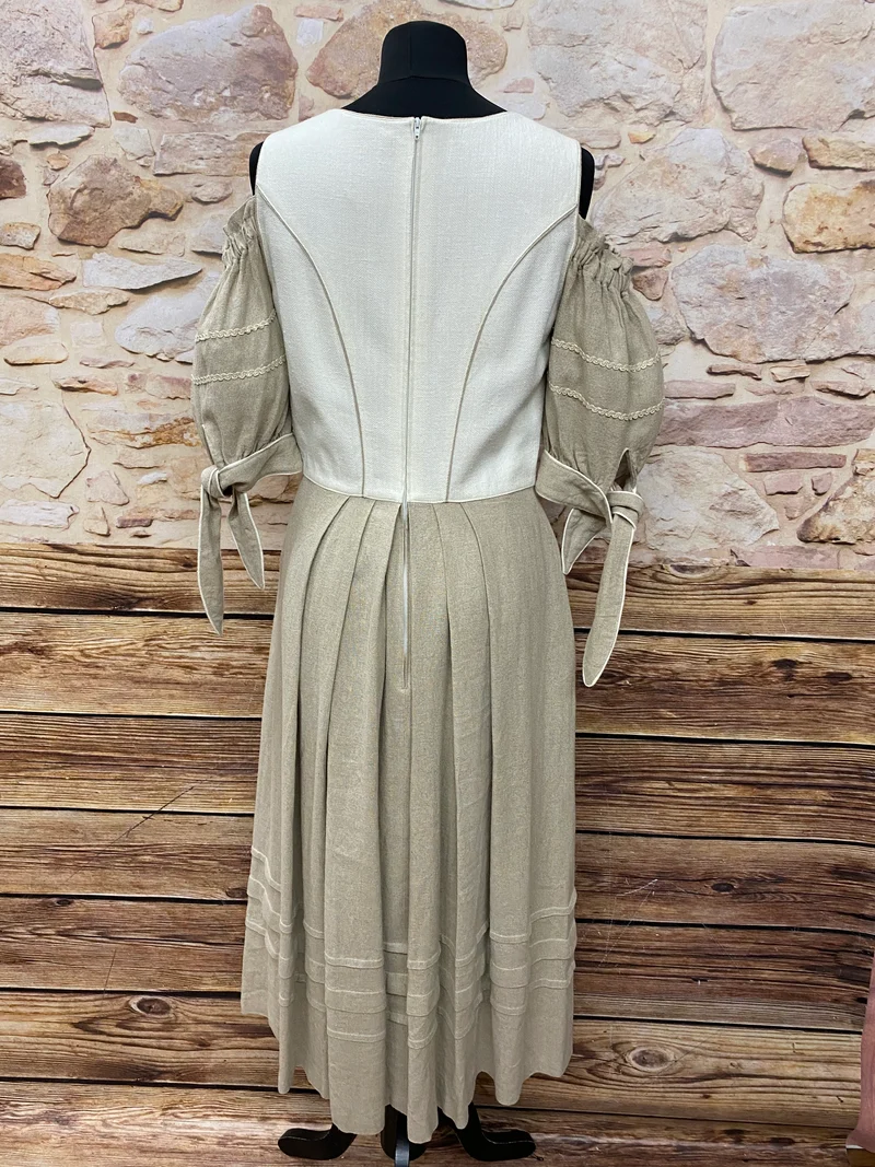 Vintage Landhauskleid lang Natur Beige Gr. 36 – Leinenmix