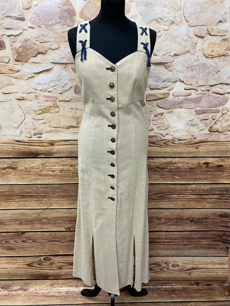 Vintage Landhauskleid Damen Natur Beige Gr. 36 – langes Trachtenkleid