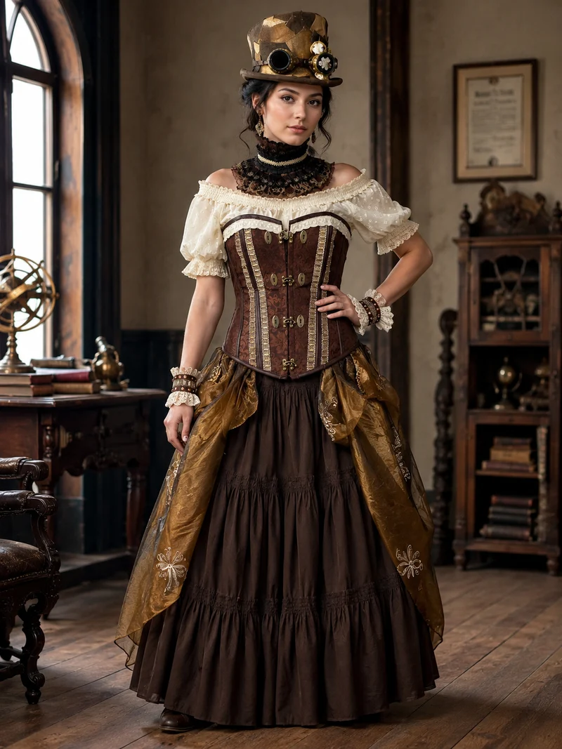 Steampunk Damen Outfit Gr. 46 – braune Corsage, Rock & handveredelter Überrock