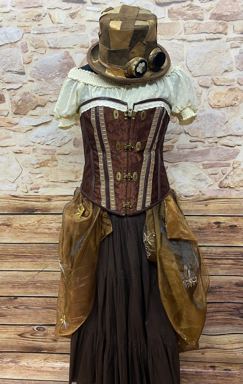 Steampunk Damen Outfit Gr. 46 – braune Corsage, Rock & handveredelter Überrock