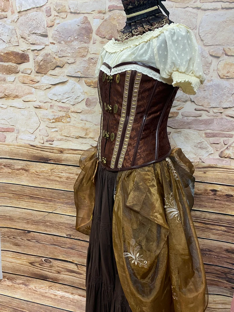Steampunk Damen Outfit Gr. 46 – braune Corsage, Rock & handveredelter Überrock