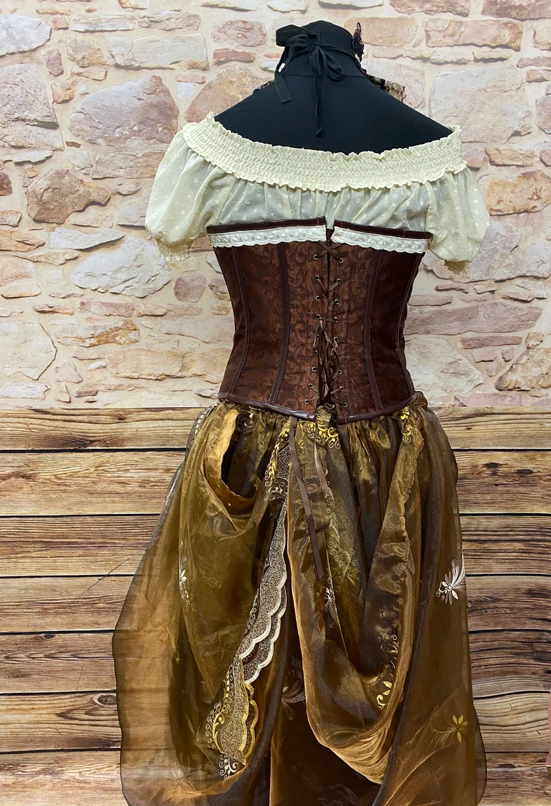 Steampunk Damen Outfit Gr. 46 – braune Corsage, Rock & handveredelter Überrock