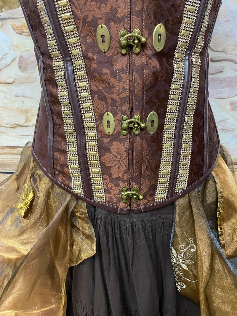 Steampunk Damen Outfit Gr. 46 – braune Corsage, Rock & handveredelter Überrock