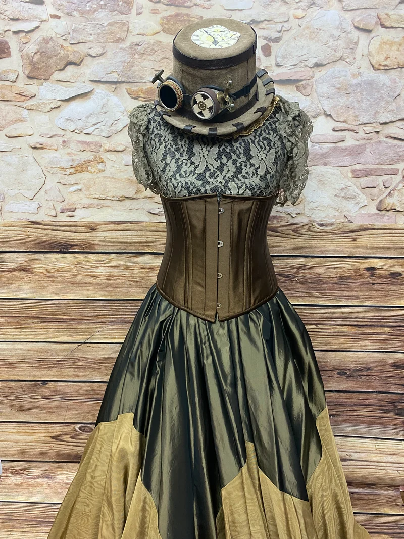 Steampunk-Damenkostüm „Oliv & Gold“ – Gr. 38